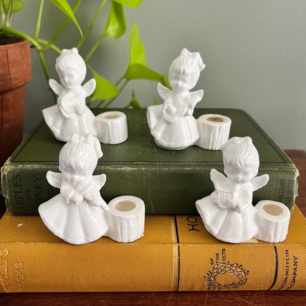 Colonial Candle of Cape Cod Vintage White Porcelain Musical Angel Holders Set 4